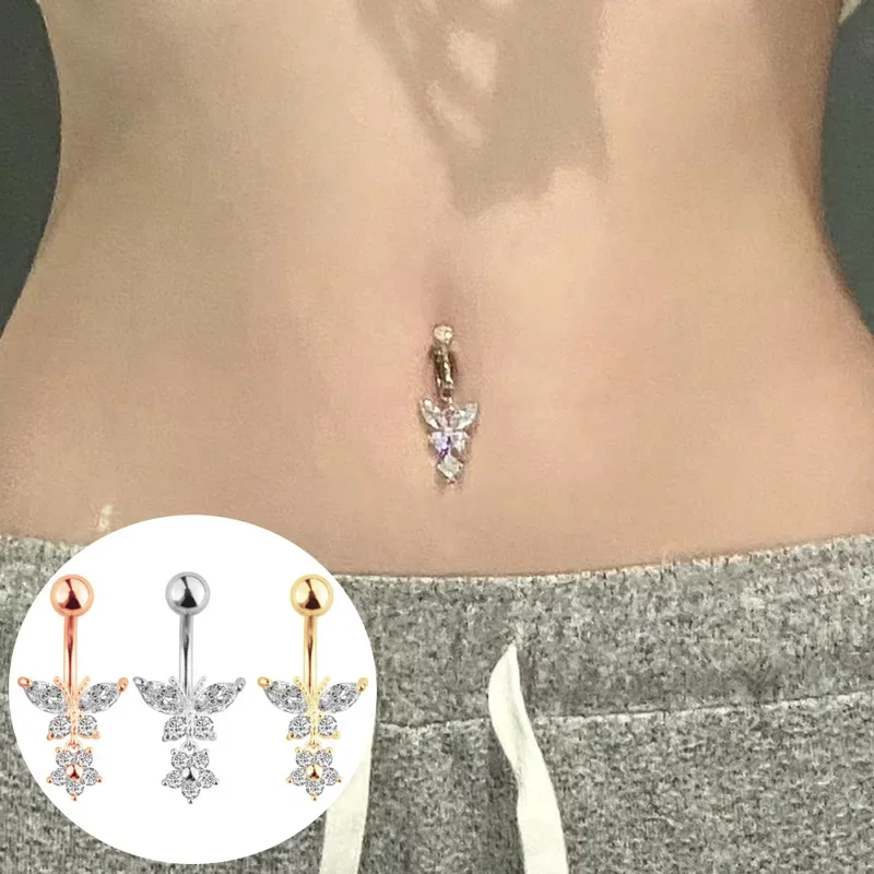 Butterfly Zircon Navel Belly Piercing Rings Fashion High Quality Surgical Steel Dangle Button Body Piercing Jewelry Accessory
