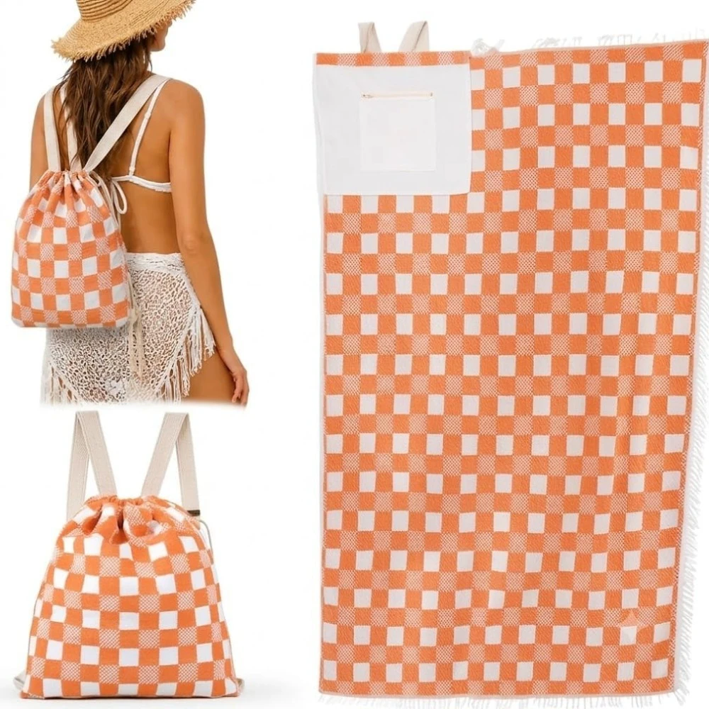 2 in 1 Checkered Beach Towel Backpack Convertible Drawstring Sack with Zipper Pocket Fringe Edge Quick Dry Beach Blanket