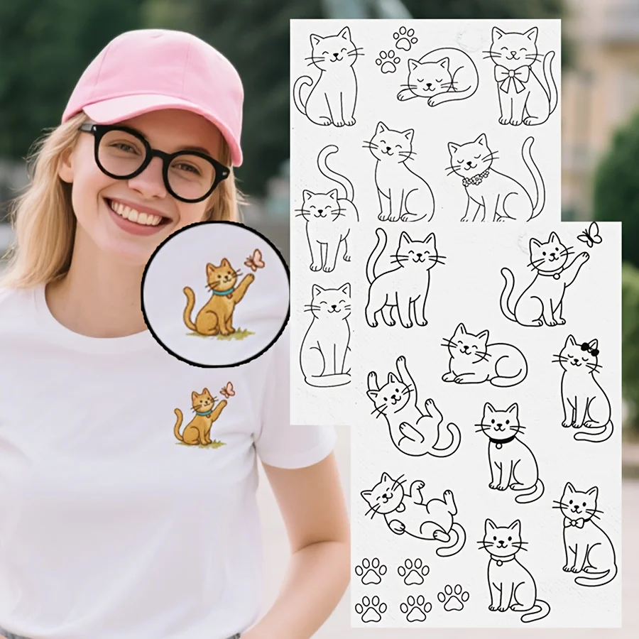 2 Sheets A4 Embroidery Transfer Paper - Pre-Printed Cute Cat Designs in Black Outline, Water-Soluble