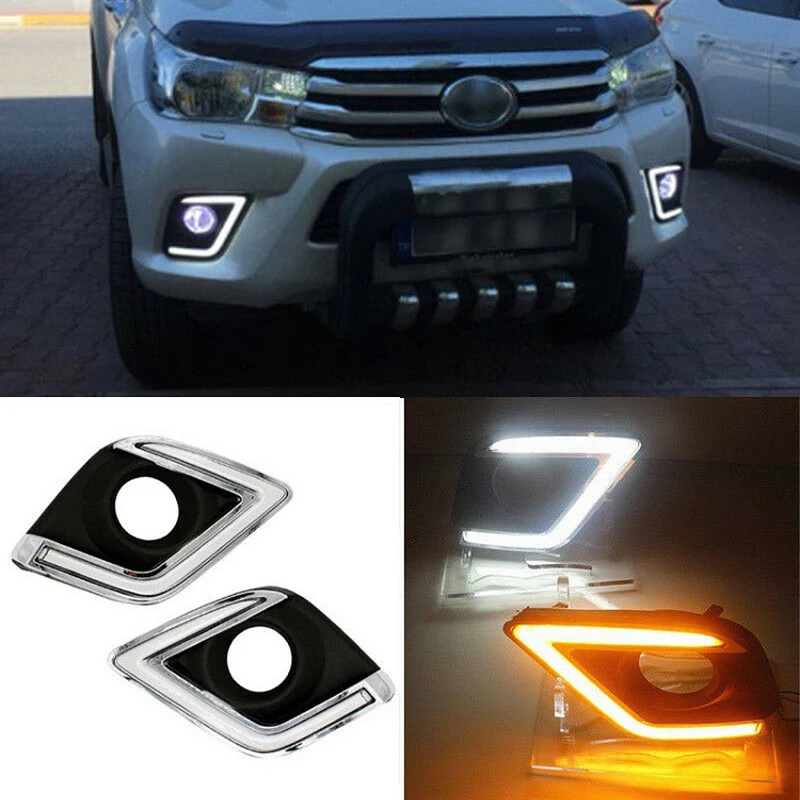 

For Toyota Hilux Revo 2015 2016 2017 DRL Daytime Running Light Car Styling Fog Lamp 12V With Yellow Signal