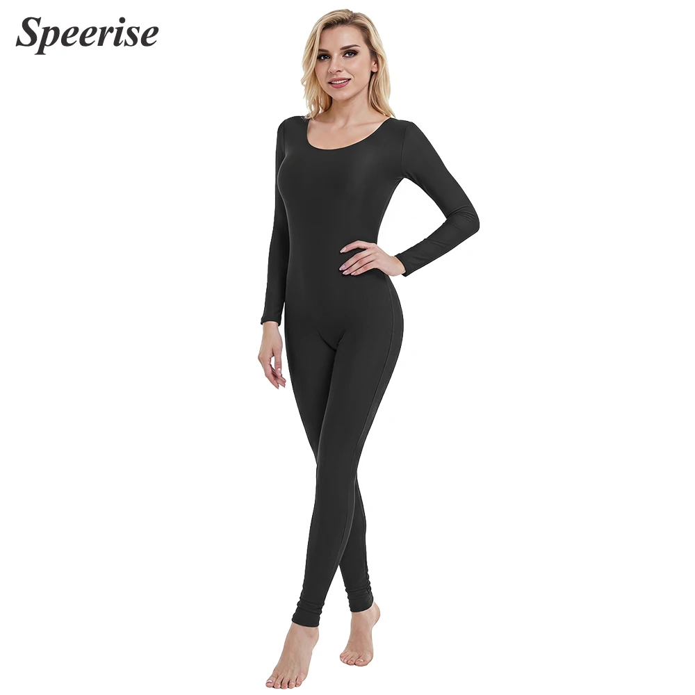 Adult Women Nylon Spandex Unitard Unisex Long Sleeve Yoga Jumpsuit Costume Scoop Neck Basic One-piece Bodysuit Plus Size Fitness