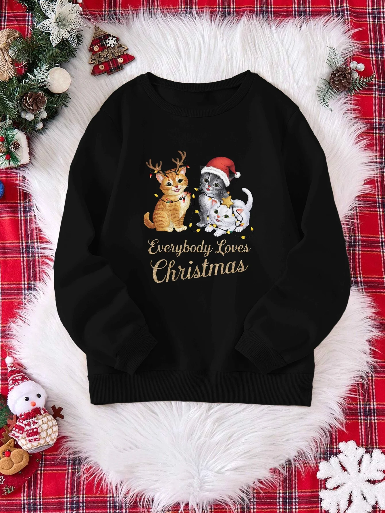 1Pc Women's Casual Crew Neck Sweatshirt with Geometric-Patterned Cats and 