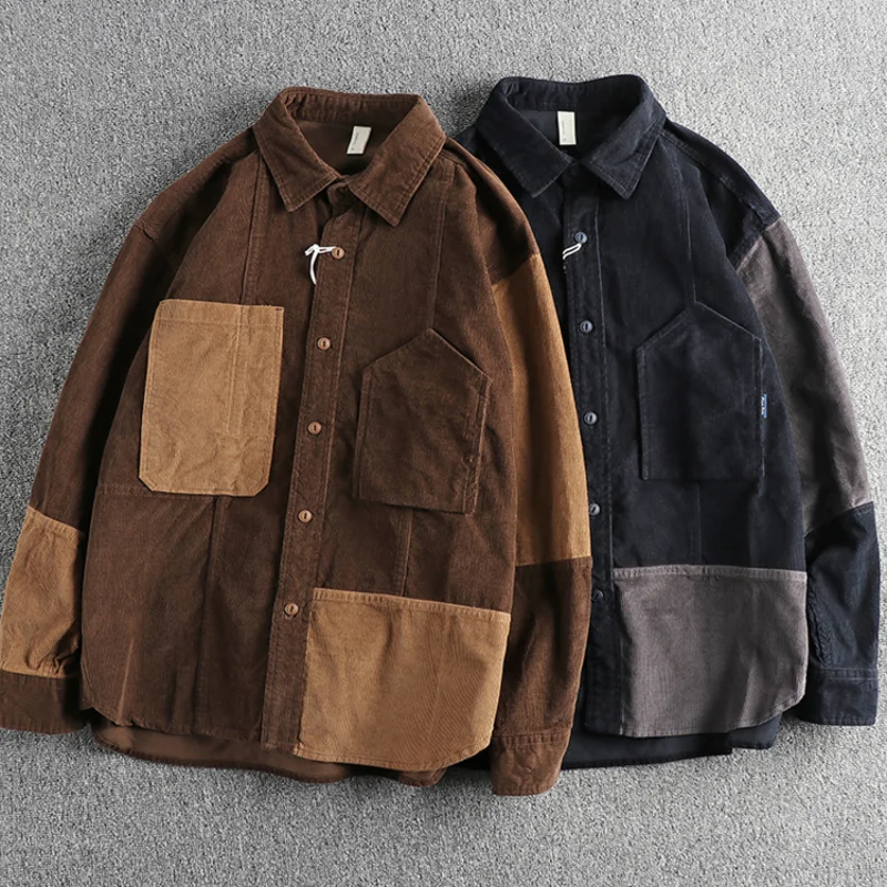 Personality color patchwork shirt men\'s long sleeve washed cotton corduroy fabric youth shirt thin coat