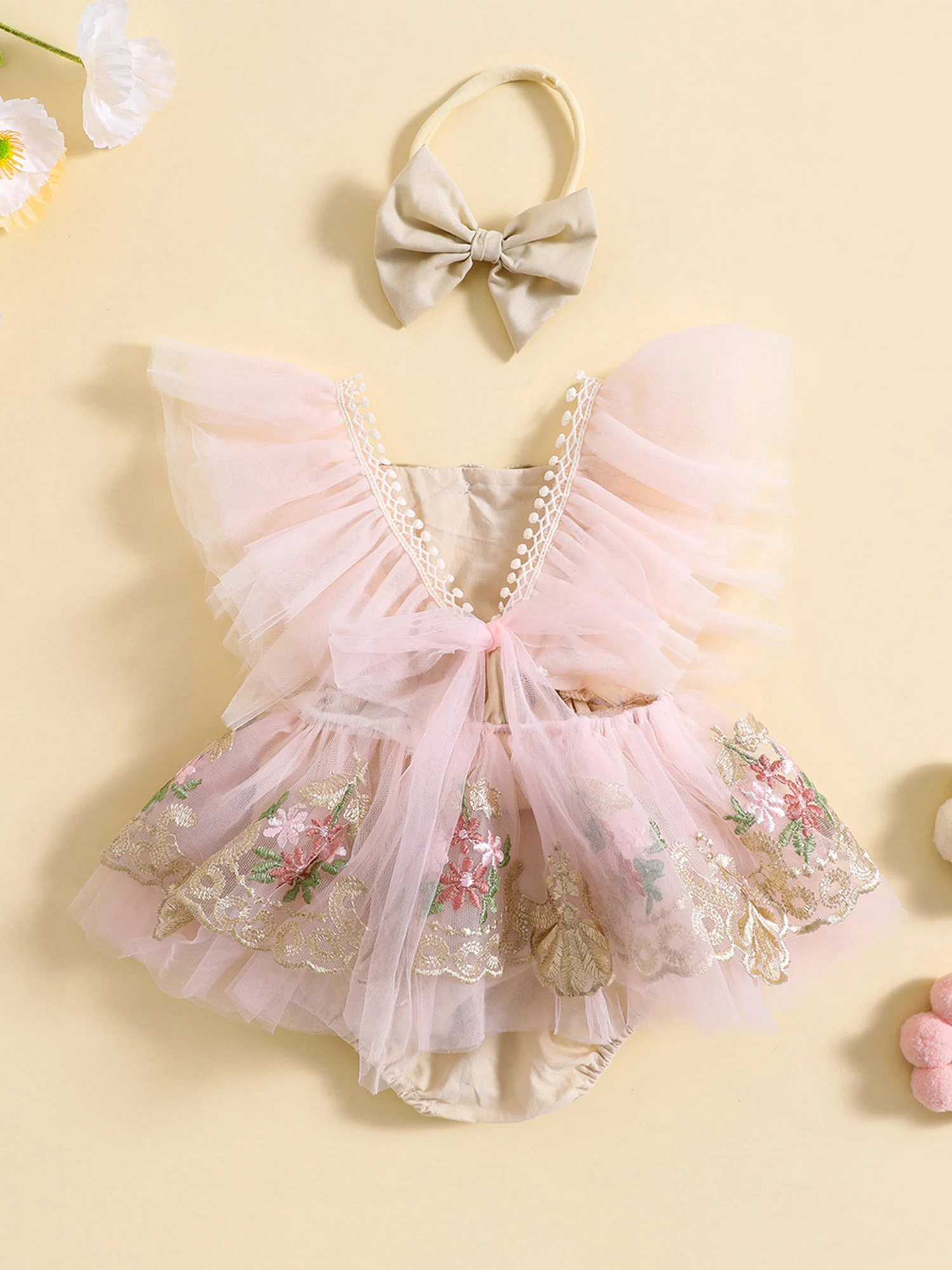 

Boho Newborn Photography Outfit Floral Embroidery Lace Romper Dress with Ruffle and Tutu Bodysuit for Infant Baby Girl