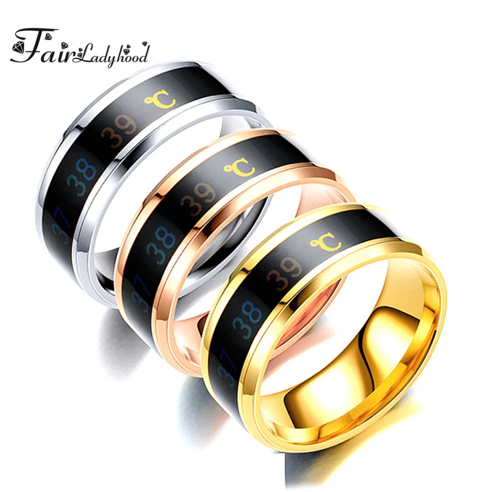 FairLadyHood Black Silver Color Gold Rose Blue Color Intelligent Thermometer Temperature Men Women 316L Stainless Steel Couple