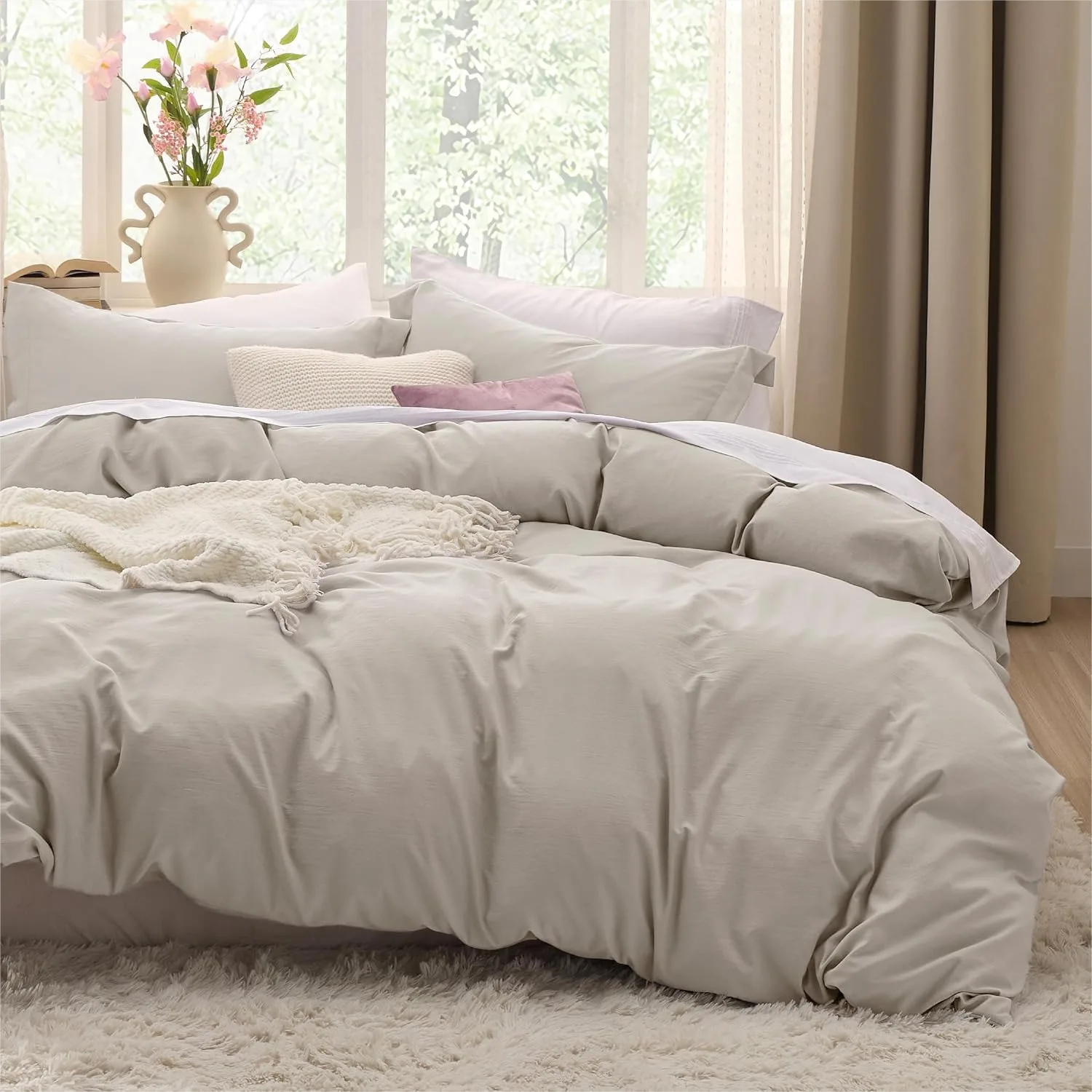 Queen Duvet Cover Set 3 Pieces Prewashed Extra Soft Bedding with Zipper Closure & 2 Pillow Shams, Linen Texture