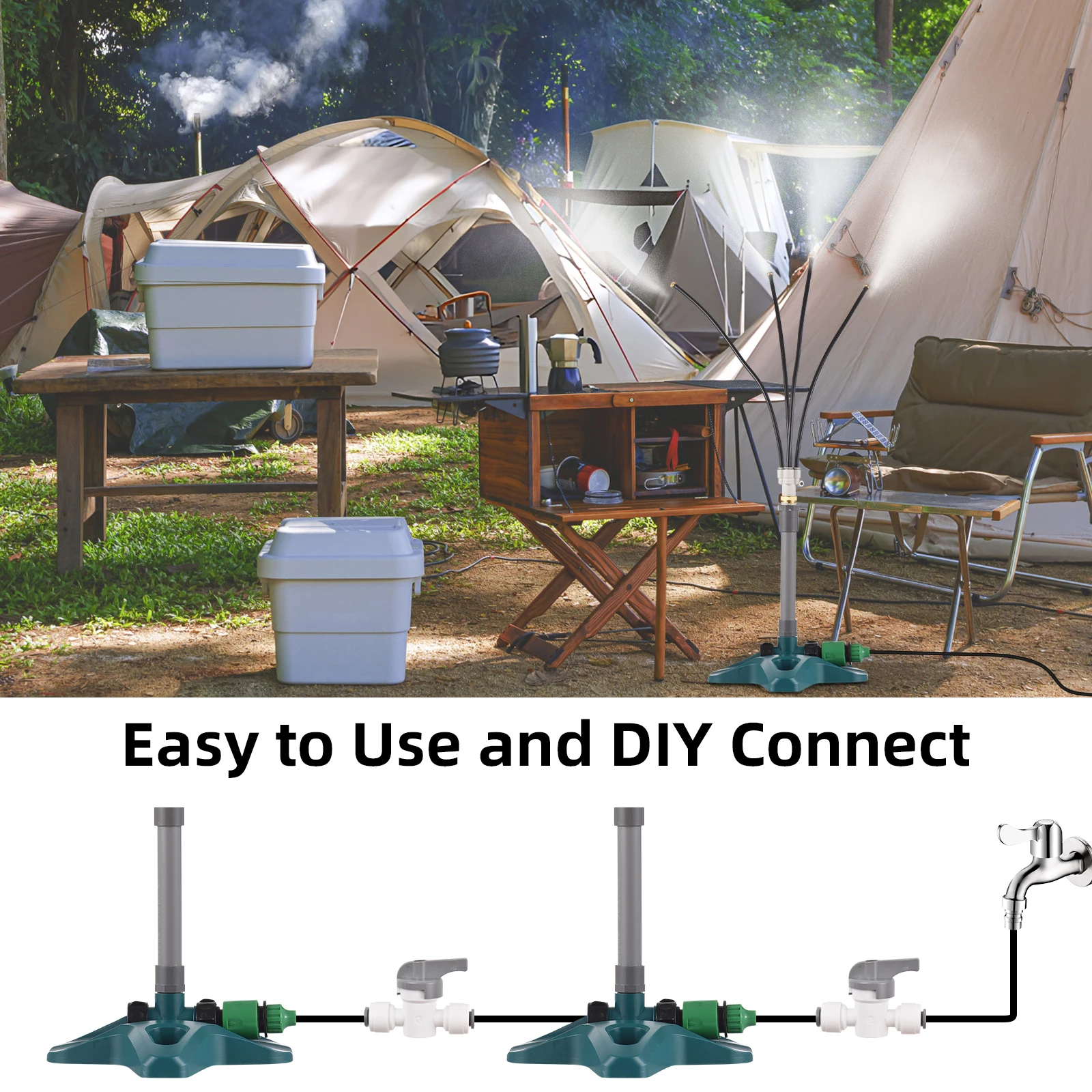 Sistemas de Nebulización Portátiles para Exteriores, Sistema de Enfriamiento por Nebulización con 4 Boquillas de Latón/Línea de Nebulización de 26 Pies (8 Metros)/Tubo Elevador
