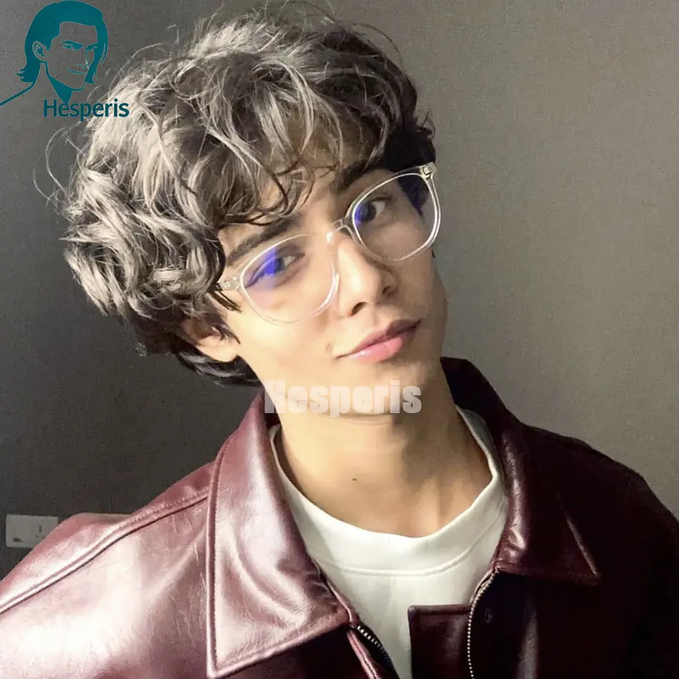 

Hesperis бесклеевой короткий вьющийся мужской парик из натуральных волос с челкой, предварительный стиль, повседневная одежда, 13x6, кружевные передние мужские парики натурального черного цвета