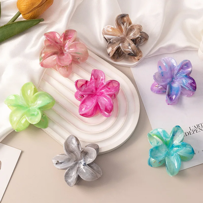 Marbling Plumeria Hair Clip 8.5CM Acetic acid Frangipani Hairpin Lady Summer Beach Party Shark Claw Clip Charming Hair Jewelry