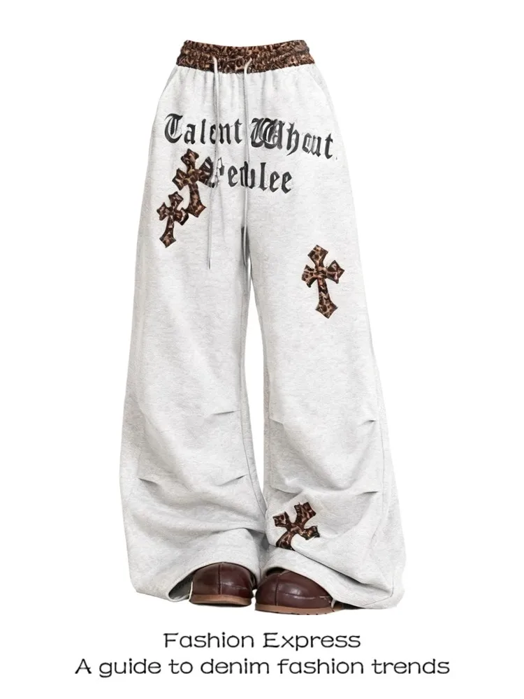 

Tiger Print Patchwork Waist Head Hoodie Women's Autumn Winter American Retro Letter Design Wide Leg Sports Hiphop Casual Pants