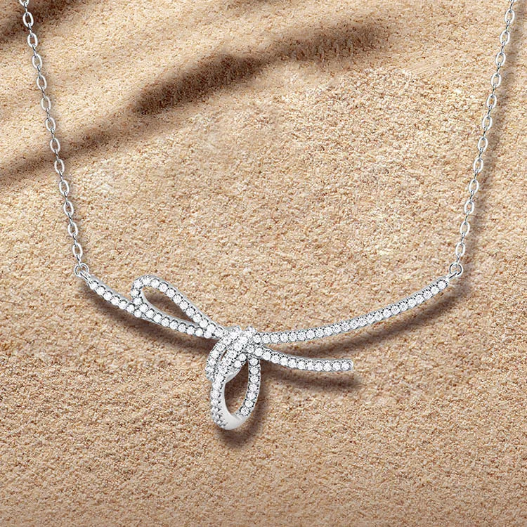S925 Sterling Silver Hot Sale Micro-set High Carbon Diamond Ribbon Knot Necklace Light Luxury Collarbone Chain