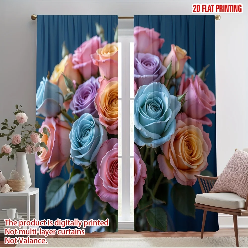 3D Colorful Rose Flower Print Blackout Curtains - Romantic Floral Bouquet Window Drapes for Living Room Bedroom Decor