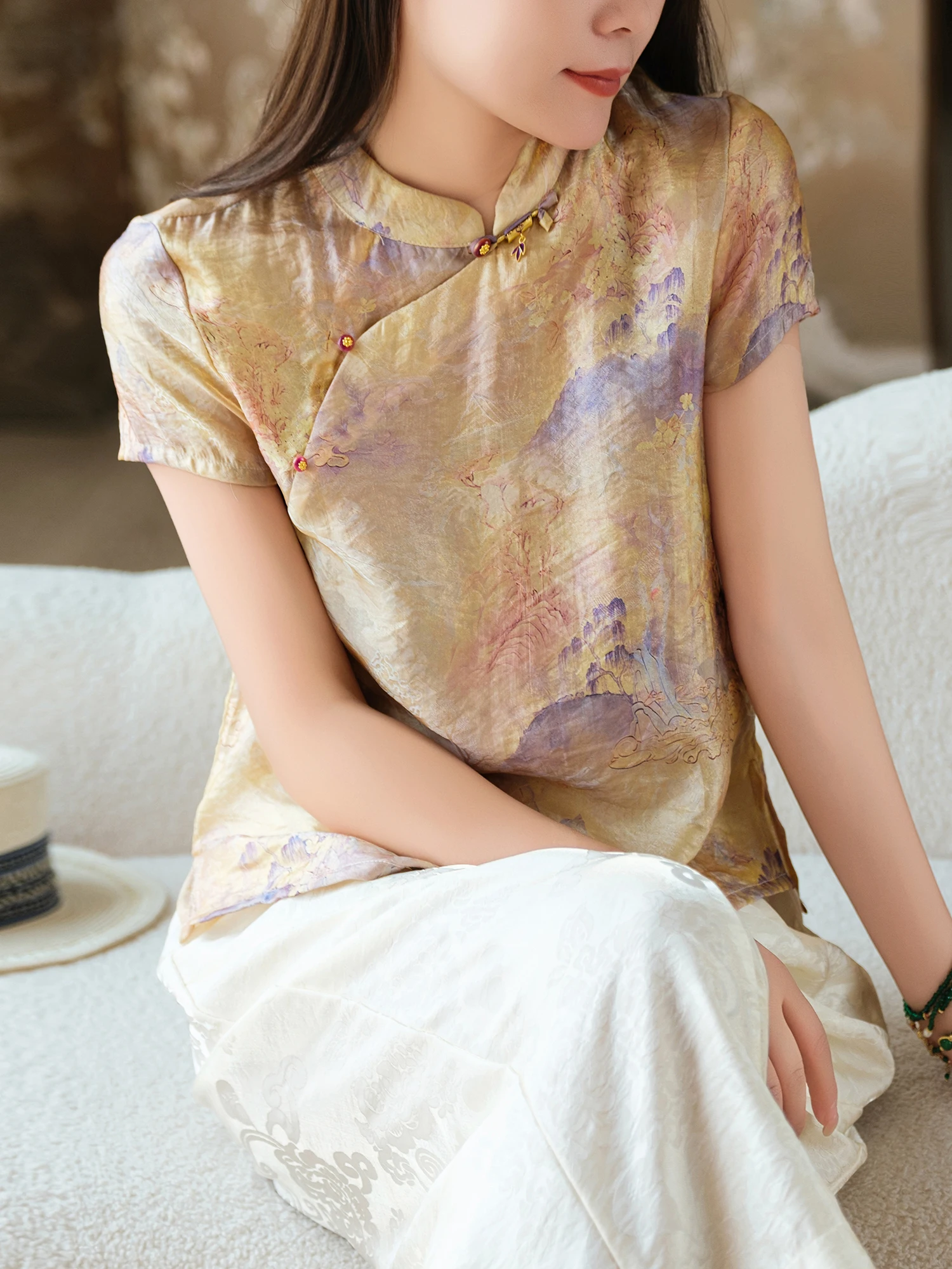 Elegant Short Sleeve T-Shirt Shanhe Enter Picture Ink Wash Floating Light Bamboo Joint Button Shoulder Level Women's Fashion