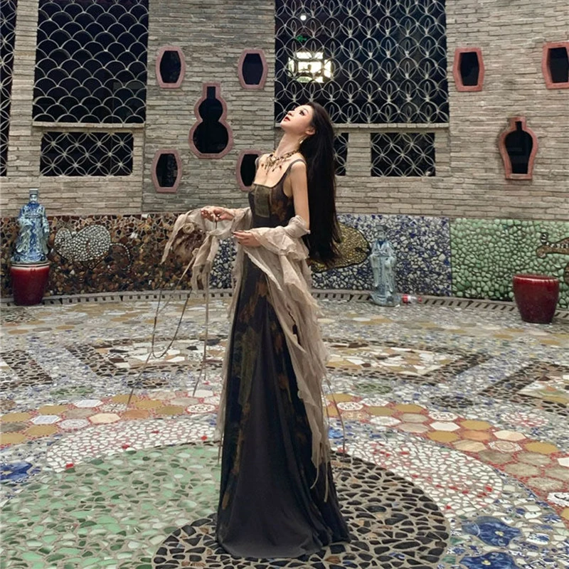 Abito Camis vintage americano da donna Abito estivo chic con stampa quadrata Abito estivo streetwear sottile con cinturino per spaghetti Vestidos De Mujer