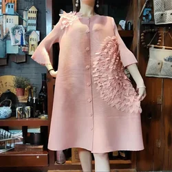 Summer 2023 New Miyake Pleated High-end Fashion Dress Cover Belly Three-dimensional Floating Flowers Elegant Midlength Dresses