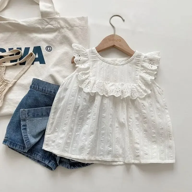 Lace Shirt Short Sleeve Round Neck Tee Top Solid Blouse Cotton T-Shirt Puff Sleeve Toddler Girl Pincess