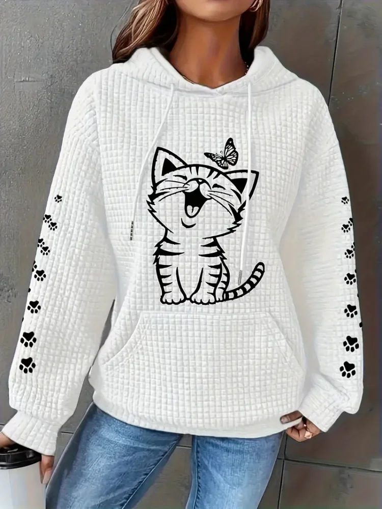 Plus Size Casual Sweatshirt  Women\'s Plus Cat & Butterfly Print Waffle Pattern Long Sleeve Drawstring Hoodie With Pockets