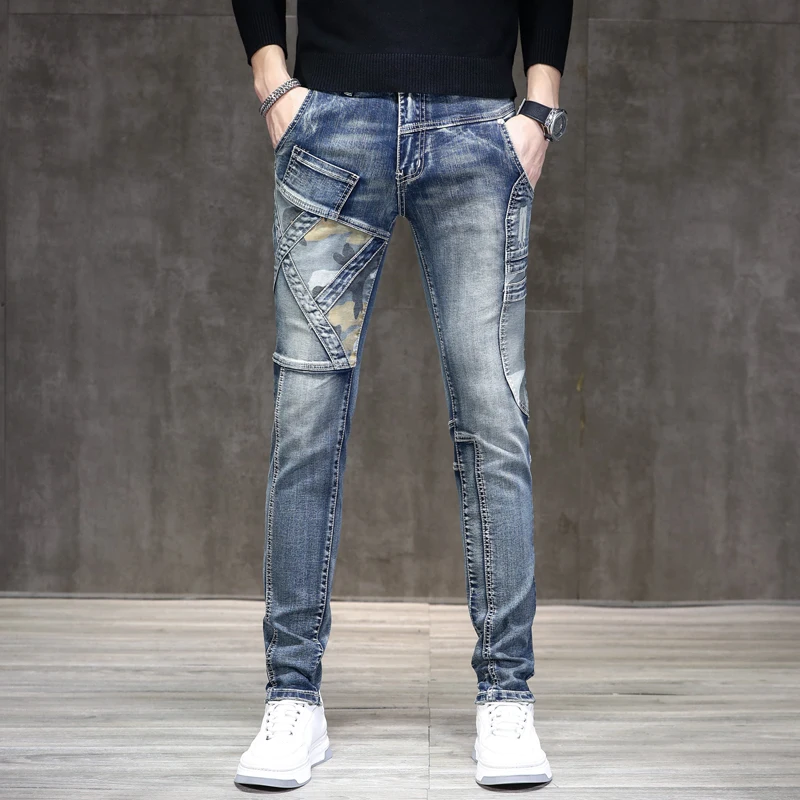 2024spring stitching jeans men's casual all-matching slim fit stretch skinny personality Street retro biker's pants