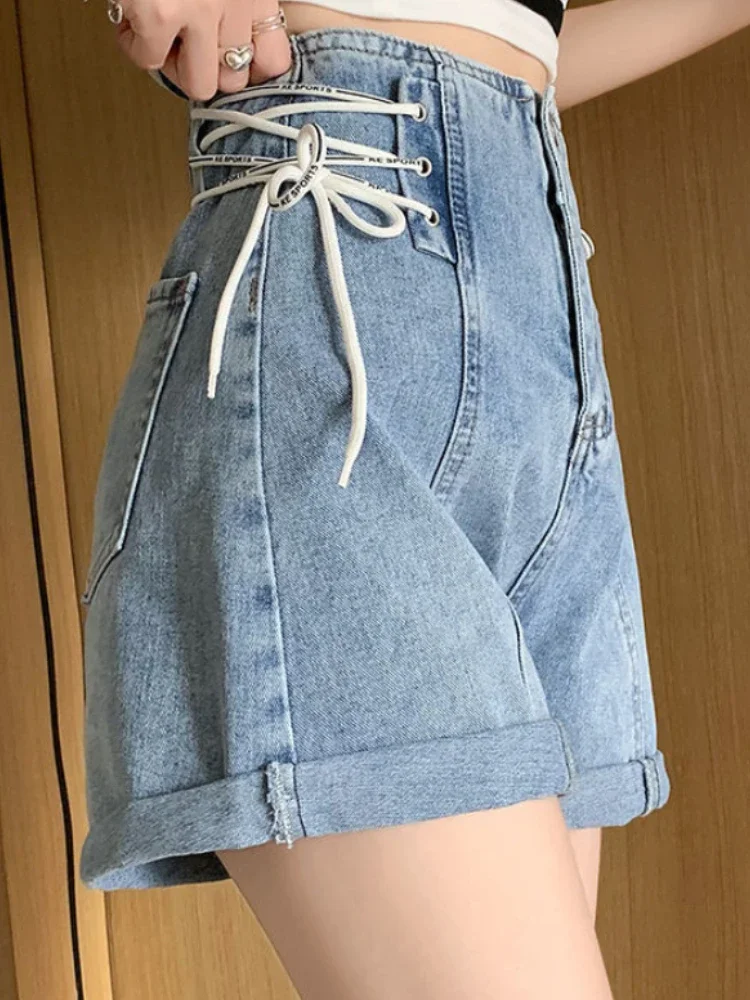 Pantalones cortos de mezclilla para mujer, moda lisa, sencilla, vendaje, ocio, cintura alta, estilo coreano, corte en A, diario, verano, diseño elegante Retro