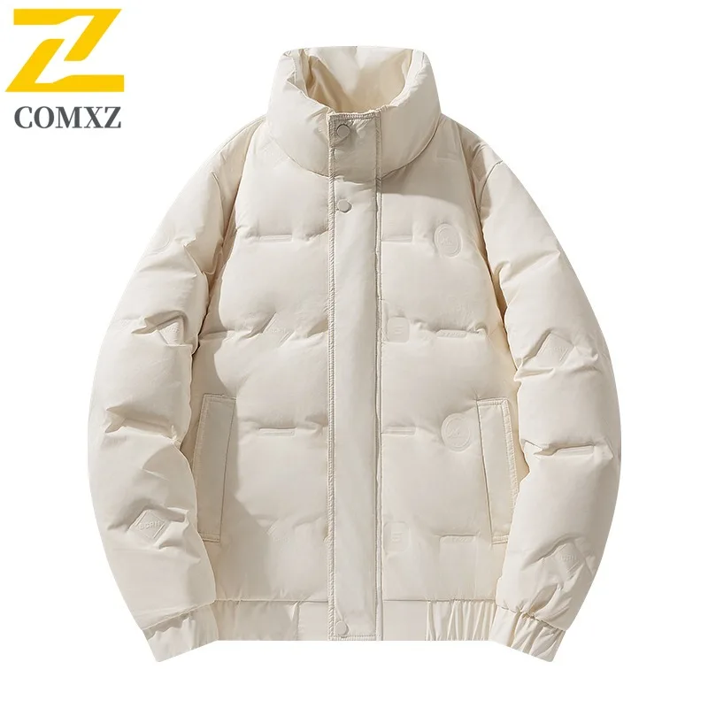 COMXZ 2025 Winter Men's Short Stand Collar Down Jacket Casual Trendy White Duck Feather Coat Lightweight Warm Mid Age Outwear