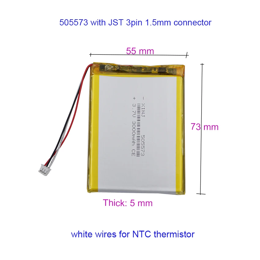 3.7V 3000mAh 11.1Wh Li-Polymer Rechargeable Li Lithium-ion Battery 505573 JST 3Pin 1.5mm Thermistor 3-Wires For GPS Tablet PC