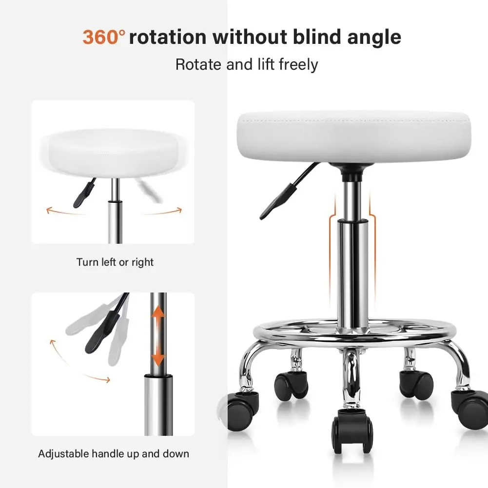 PU Leather Round Rolling Stool with Foot Rest Swivel Height Adjustment Stools Task Chair Small (White)