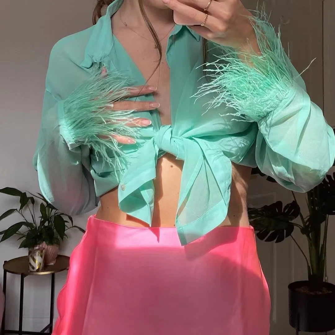 

2025 New Style Feather Printed See-through Lightweight Shirt Elegant Ladylike Collar Long Sleeve Cotton Polyester Blend
