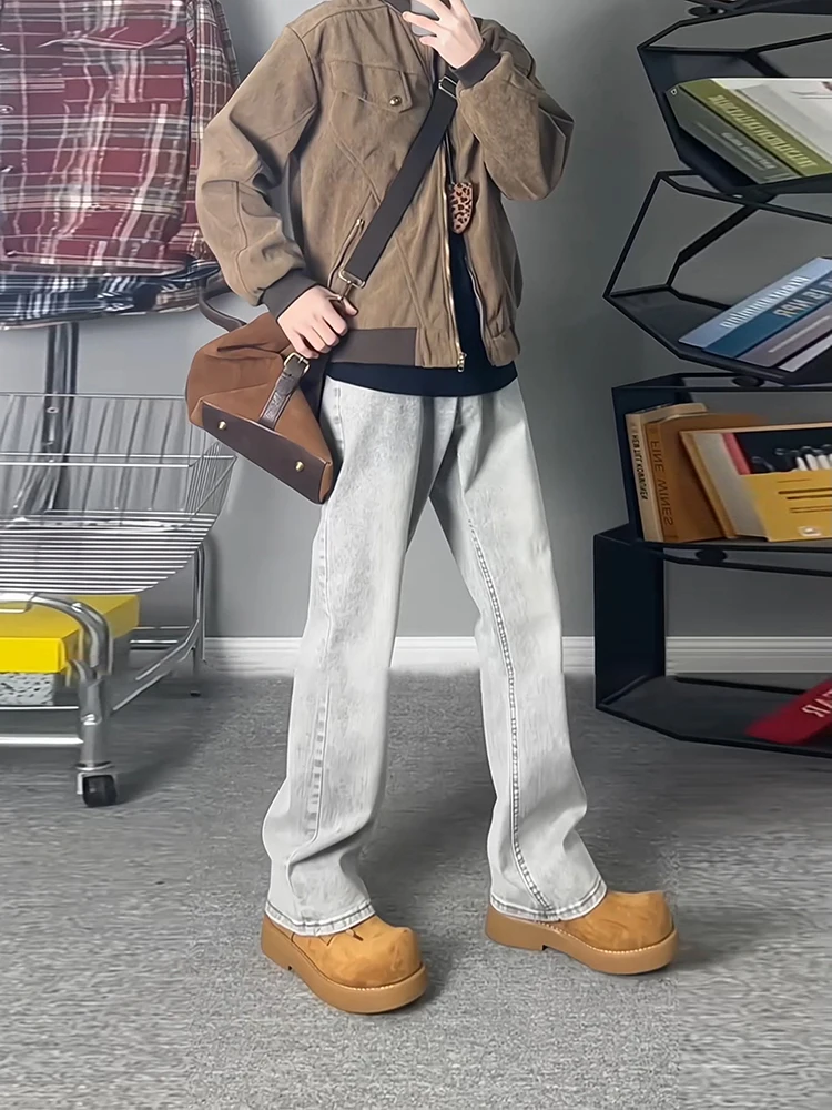 

ay Fce Lined Slim Fit Straight Leg Men's Jeans Spring Faion High Street Lengthened Flared Pants American Retro Knife