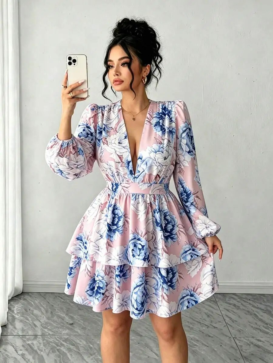 Elenzga Plus Size Vacation Style Floral Print Puff Sleeve Criss-Cross Waist Slimming Spring Dress, Party Dress Fall