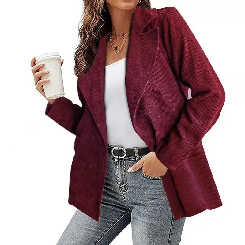 Women's Autumn and Winter New Solid Color Coat Suit Office Ladies Corduroy Street Casual Cardigan Coat Top Blazers for Women