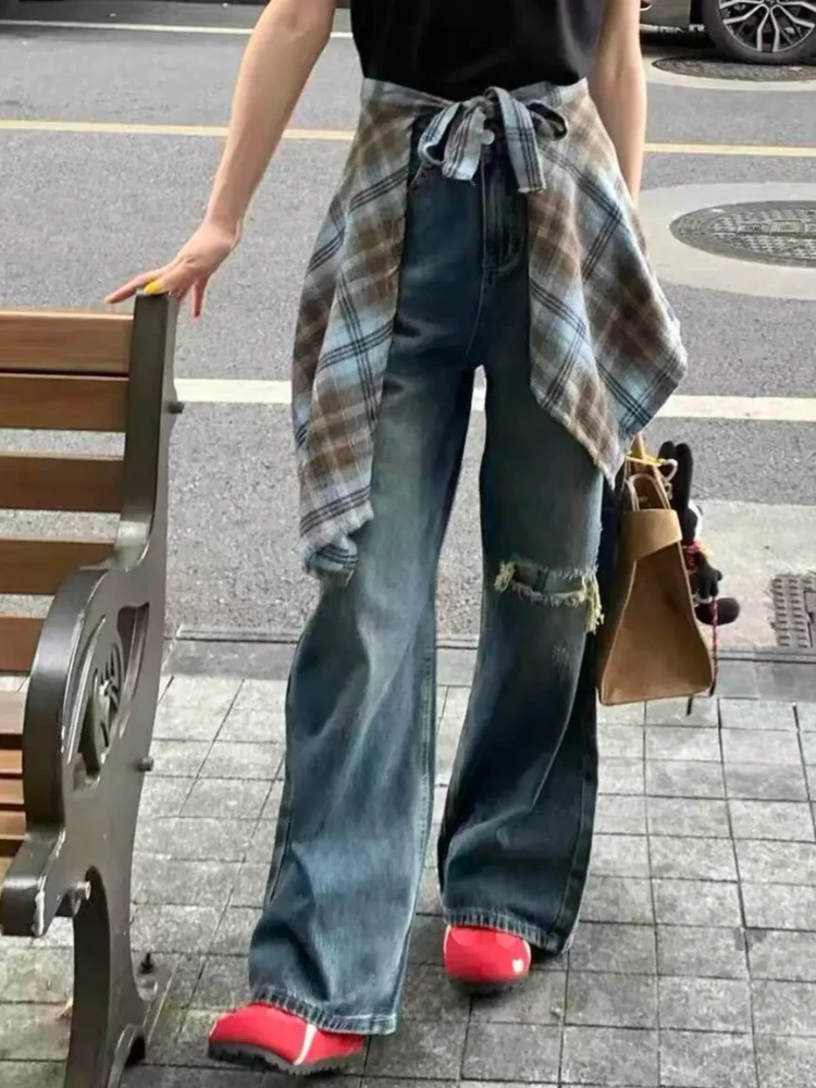 

Trendy Vintage Streetwear Plaid Apron Ripped High Waist Baggy Wide Leg Denim Jeans For Petit Women Girls Daily Casual Wear Pants