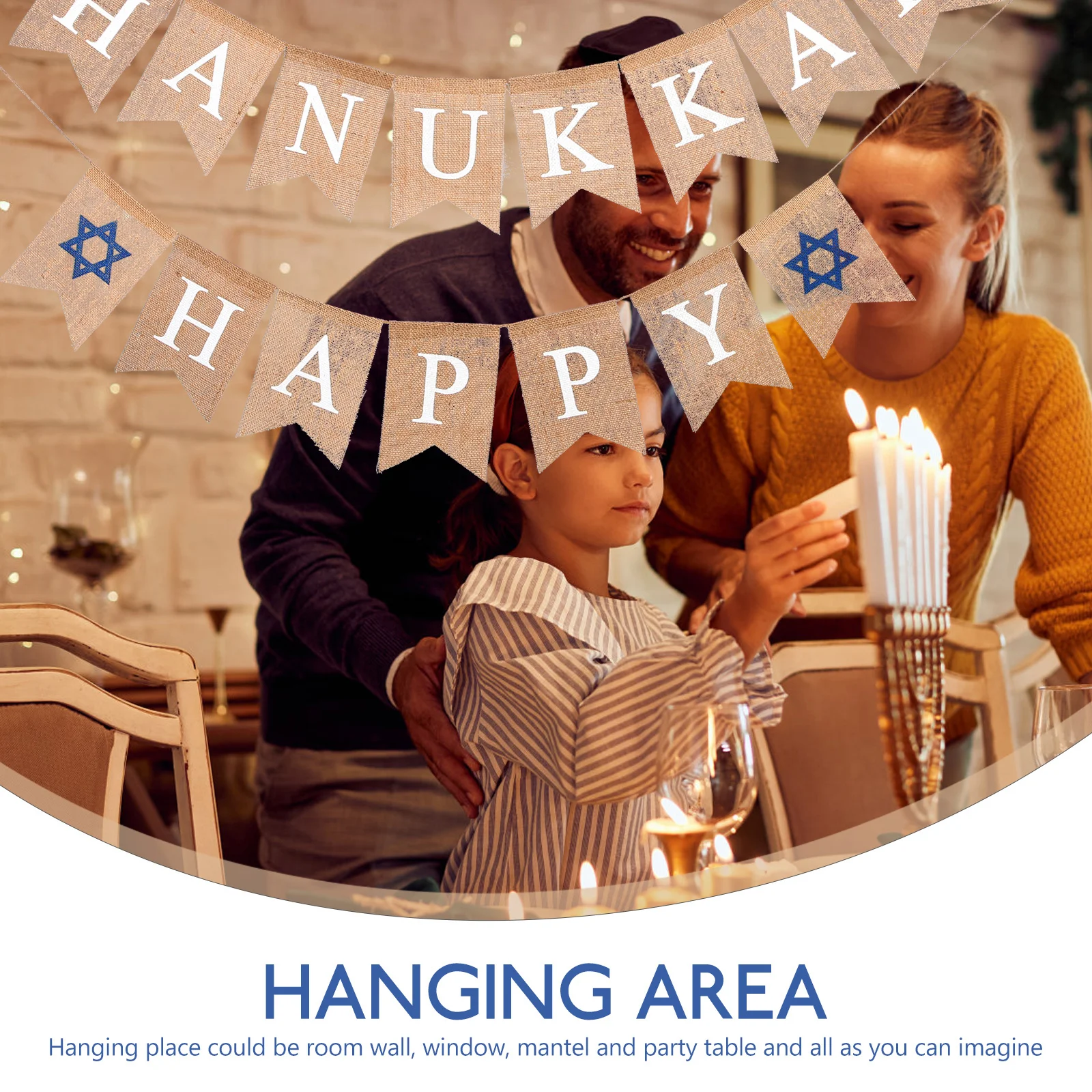 

Swallowtail Pull Flag Bunting Banner Happy Hanukkah Linen Burlap Decoration for Party Wall Door Tree Branch Festive Setup