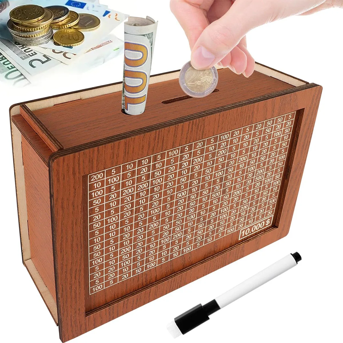 Wooden savings box, wooden cash box with money goals and numbers, adult and child savings box, the best gift for friends