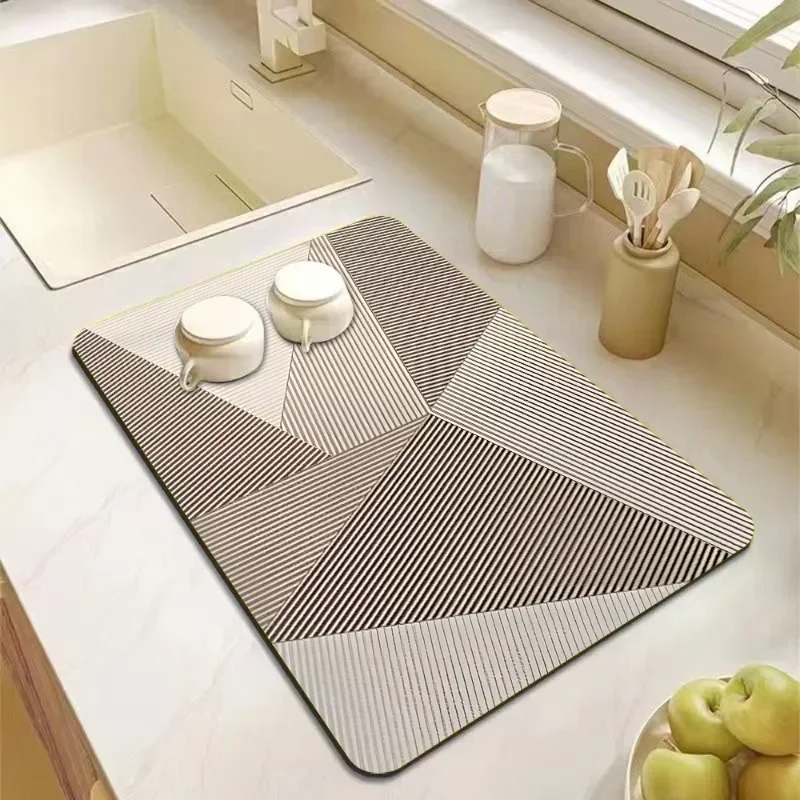 Geometric Triangle Kitchen Drain Mat Modern Art Minimalist Stripe Pattern Heat Resistant Countertop Protector for Coffee Station