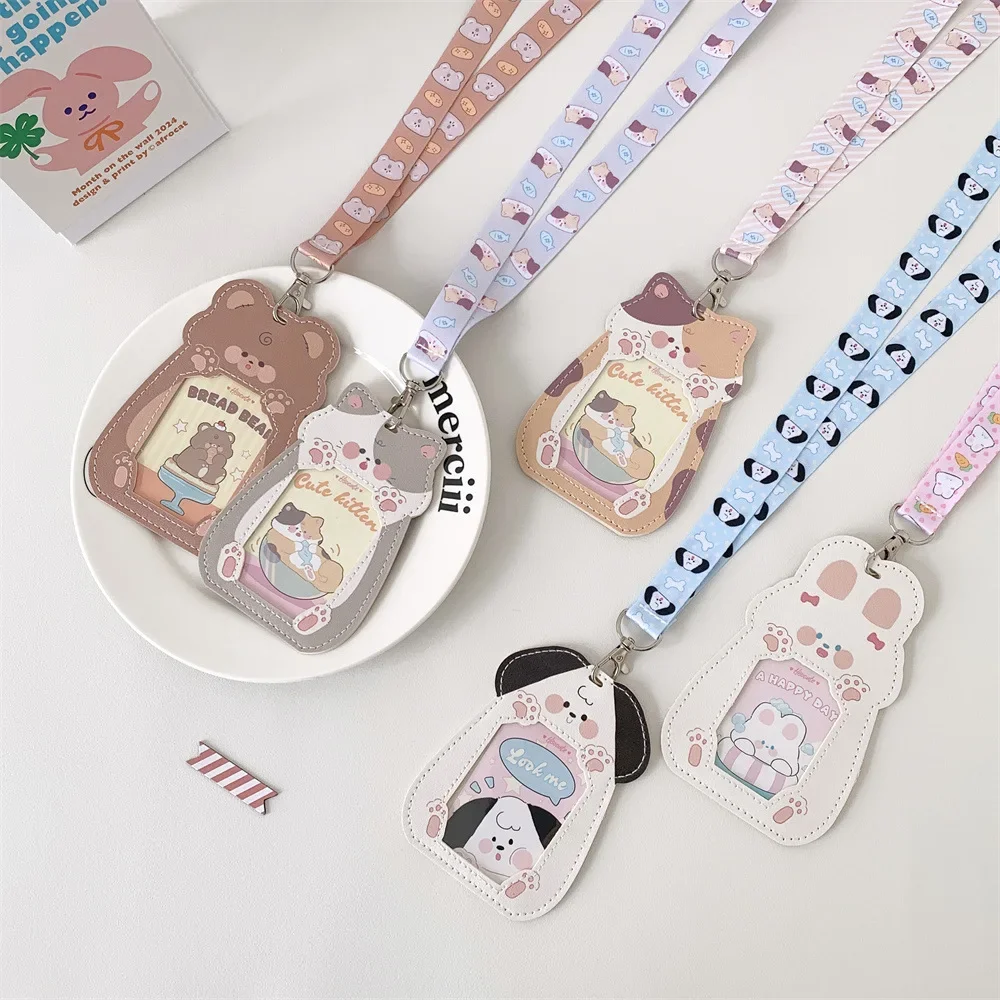 

Animal PU Transparent Id Card Holder with Lanyard Children's Bus Card Case Student Campus Card Holder Cards Sleeves Badge Holder