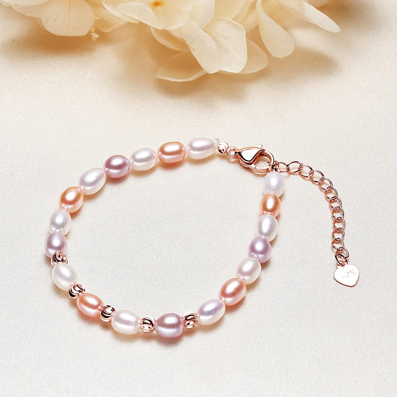 

5-6mm Rice Shape Freshwater Pearl Bracelet 16cm 4cm Extend Chain White Pink Purple Mix Adjustable Bracelet Female Jewelry Gift