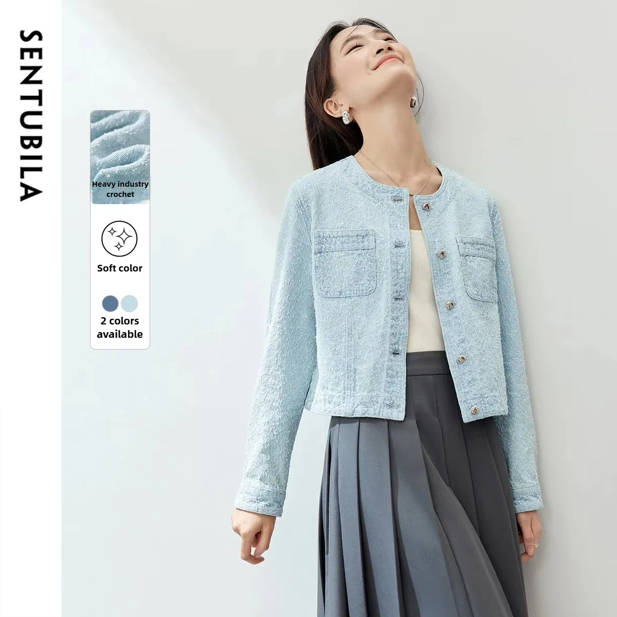 

SENTUBILA Women's Tweed Jacket 2025 Autumn New O-Neck Single Breasted Statement Buttons Elegant Office Female Wear W51W58964X