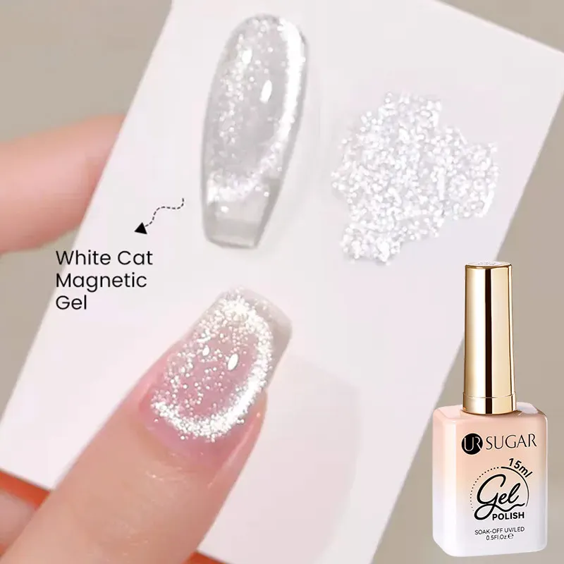UR SUGAR 15ml Vernis à ongles gel magnétique effet chat blanc, paillettes argentées scintillantes, haute brillance, semi-permanent, gel UV LED à retirer par trempage