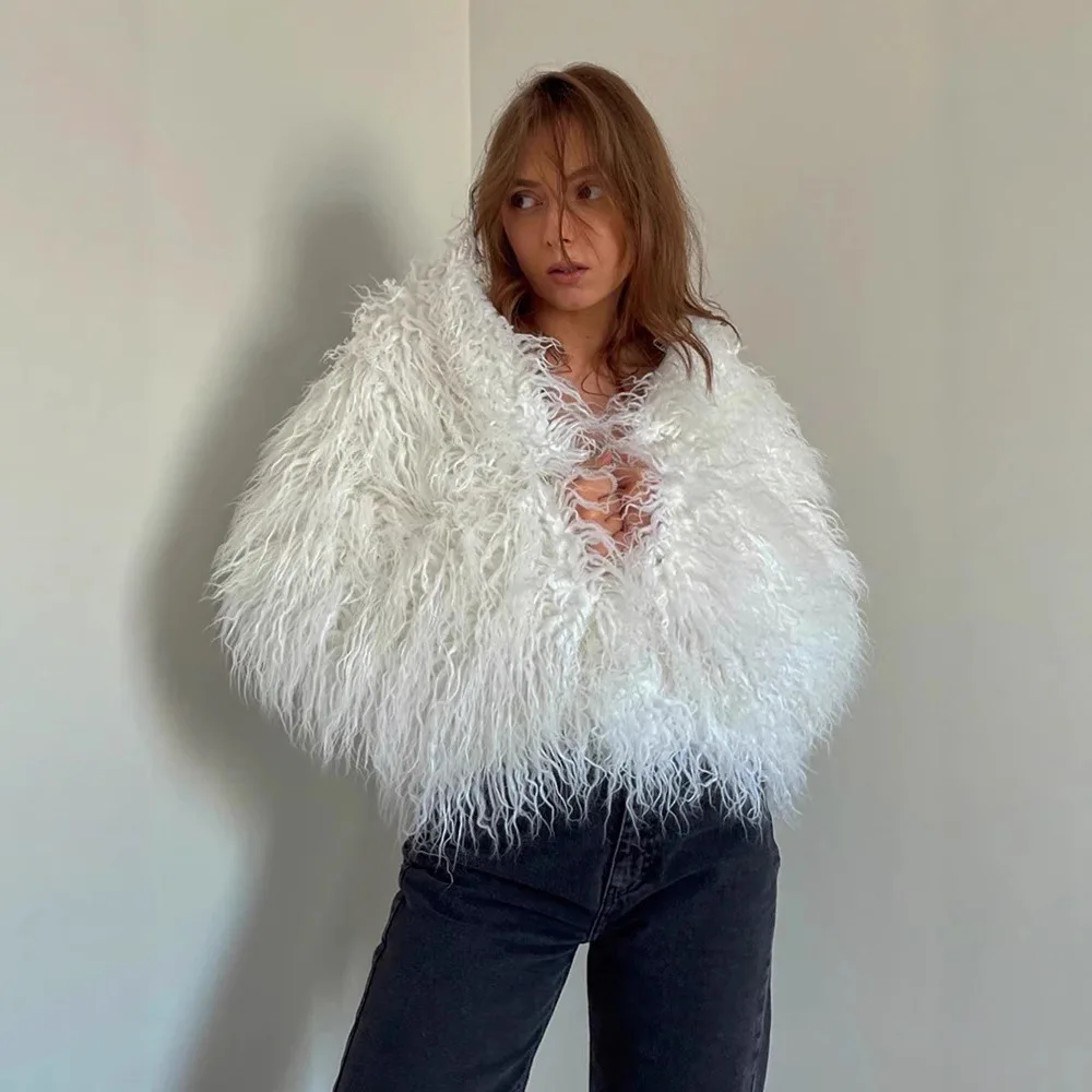 

KIDCRKJ Winter Women's Curly Fur Jacket Multicolor Pockets Artificial Fur Jacket For Lady Long Hair Fluffy Female Faux Fur Coat