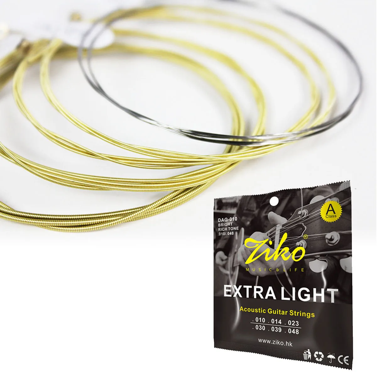 ZIKO DAG-010 1-2 Sätze Akustikgitarrensaiten, Messingummantelte Stahlkernsaiten, extra leicht, 010-048 Gauge, brillanter Klang, 880 mm, für Gitarre – Detail 5