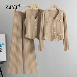 ZJYT Autumn Winter Knitted Suit Long Sleeve Sweater+Vest+Pants Set 3 Piece Clothing Matching Sets Outfit Female Top Trousers