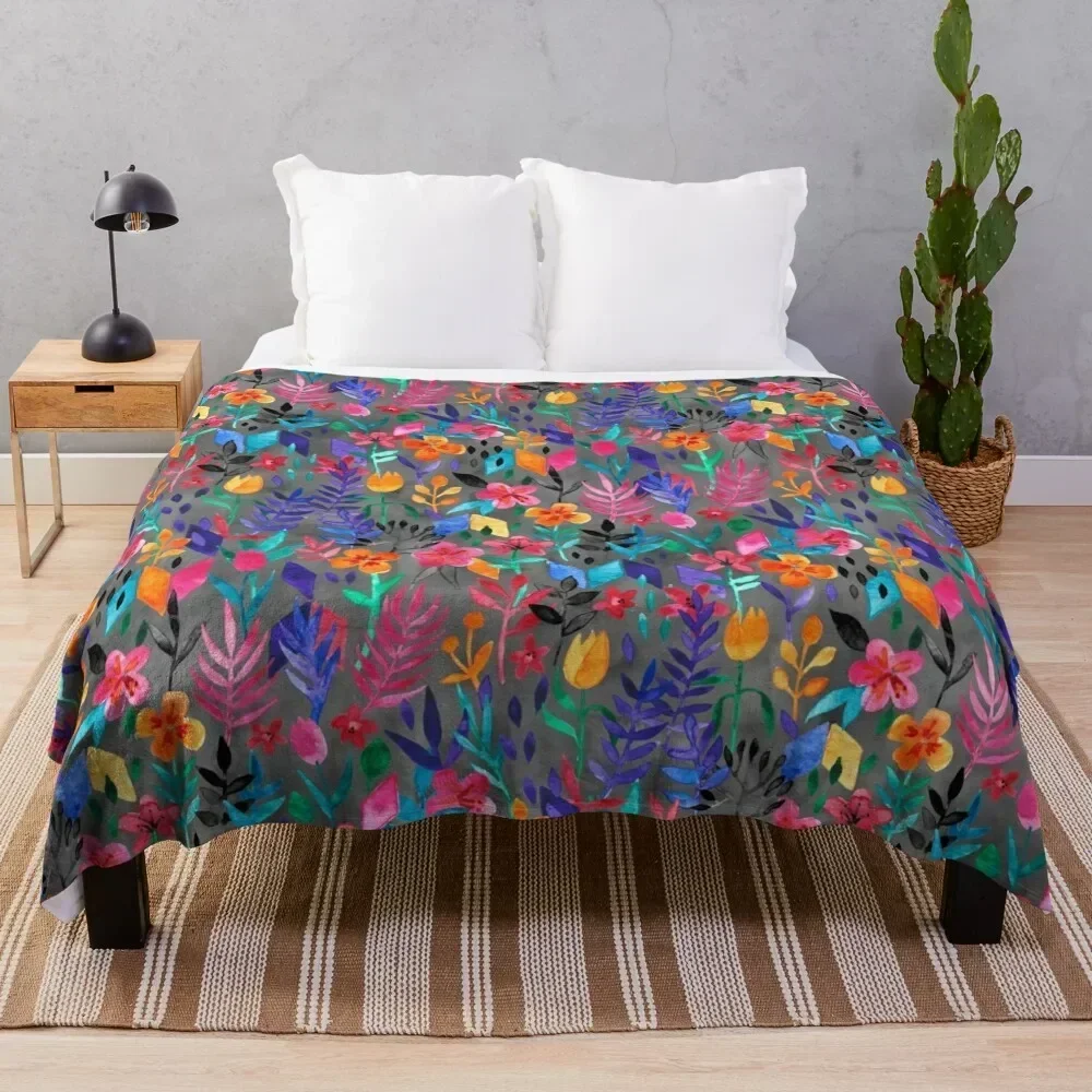 

Popping Color Painted Floral on Grey Throw Blanket Breathable Lightweight Blanket for Adults Kids