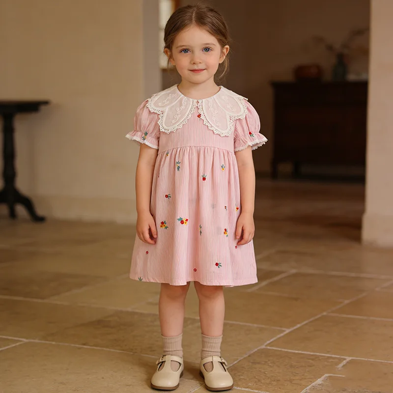 Hot Pure Cotton Embroidered Petal Collar Short Sleeve Dress for Girls Summer Versatile Cute Skirt for Small to Medium Children
