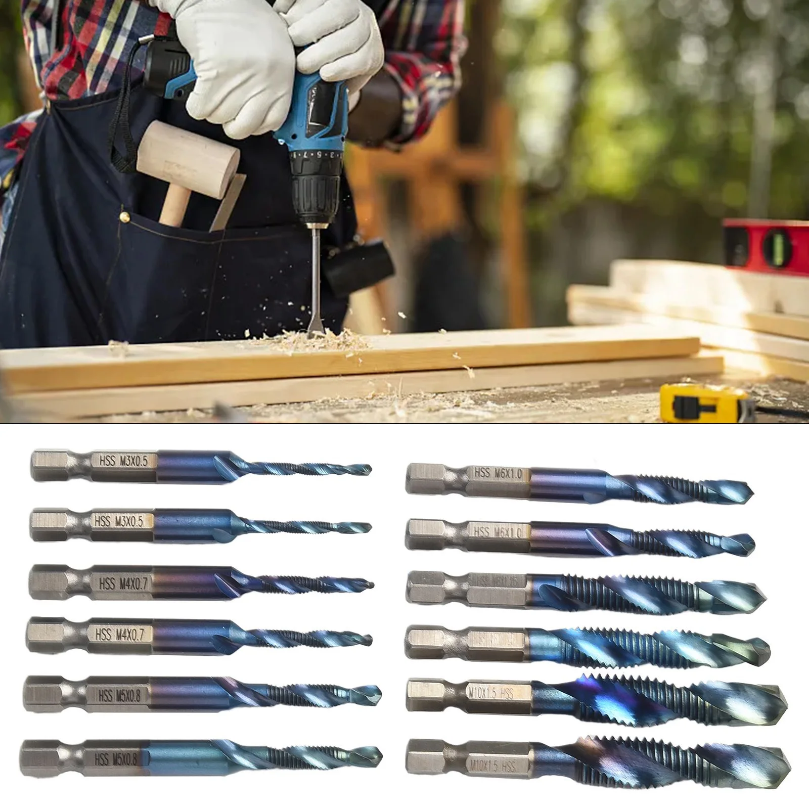 12PC HSS Drill Bit Set with Hex Shank for M3 M5 M6 M8 M10 Metric Threads Designed for 1/4 Inch Chuck Power Tools
