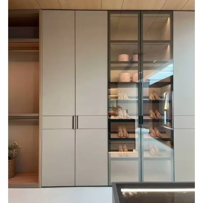European Poliform Style Walk-in Closet Door Wood and Glass Panel Designs Custom Wardrobe Storage Cabinet for Villa 3