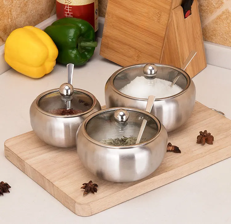 

Stainless Steel Sugar Bowl Container Supplies with Clear Lid and Spoon for Home Kitchen Drum Shape Spice