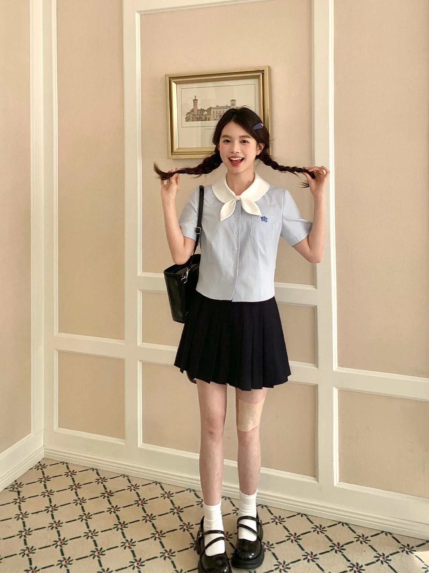 

Tokyo Annual Record JK Uniform Cute Doll Collar Shirt Women Summer Small Size Blue Stripes Short Sleeve Top School Uniform St...