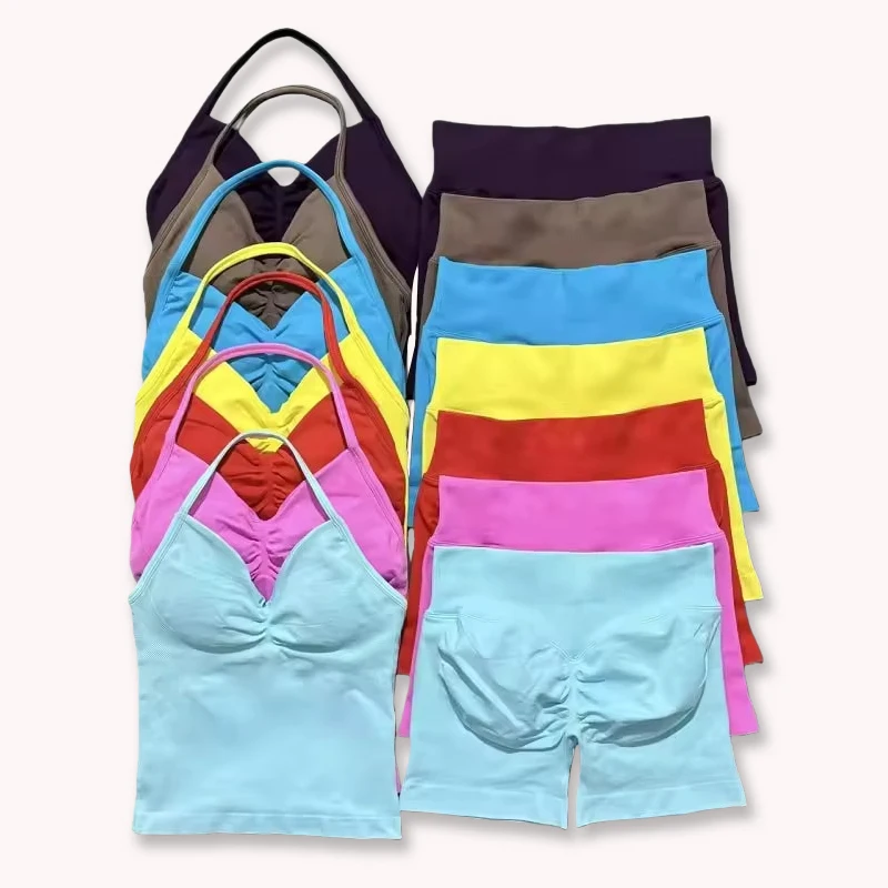 2 Pieces Yoga outfits DF Impact Gym Longline Strappy Top Women Tank Top Scrunch Seamless Shorts Sports suits Workout fitness Set