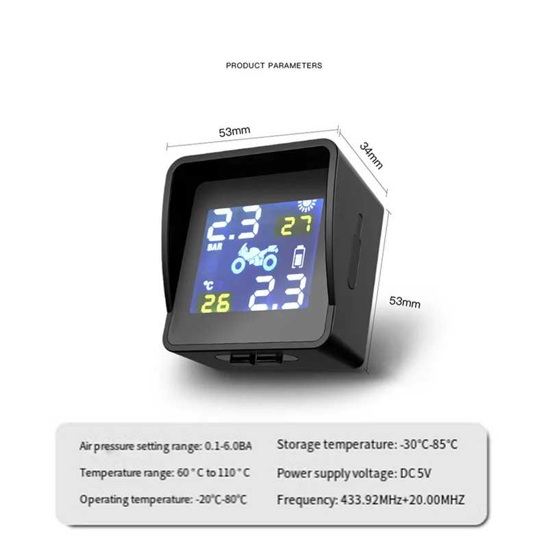 

Motorcycle Solar Tire Pressure Temperature Monitoring System TPMS Sensor Kit USB Charge For Motorcycle Tire Pressure