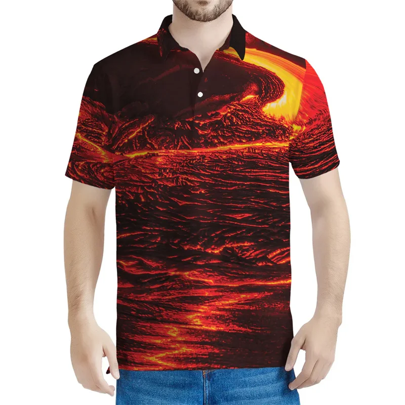 3D Printed Lava Polo Shirt For Men Personality Volcano Graphic Tee Shirts Lapel Short Sleeve Tops Streetwear Button T-shirt